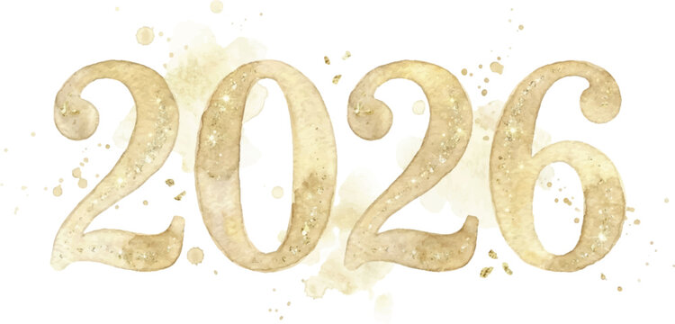 Elegant Watercolor 2026 Golden Glitter Numbers Illustration for New Year Design