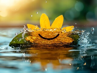 Smiling Yellow Flower Splashing in Water, Reflecting Joy and Freshness