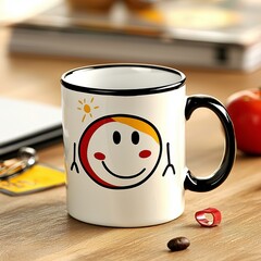 Happy Smiley Face Mug on Wooden Desk for Positive Morning and Good Mood