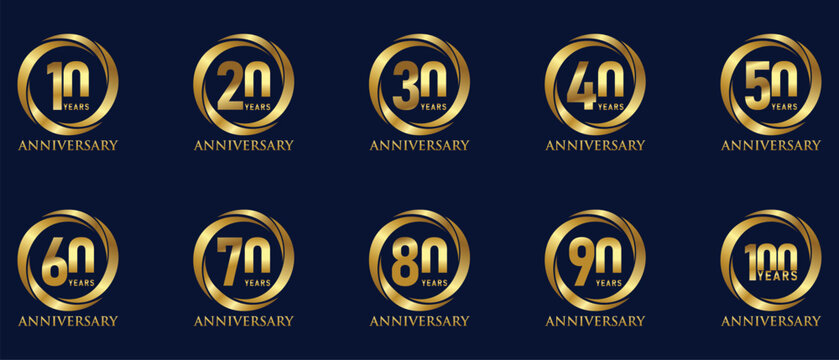 Collection of Anniversary luxury gold celebration with Gold Circle Curve logo vector design concept. 10 Years anniversary gold logo template for celebration event, business company, invitation, greeti