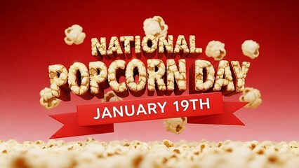 Celebrating national popcorn day on january nineteenth with stylized 3d lettering made from actual kernels against a vibrant red background featuring scattered puffs and a prominent banner announcemen