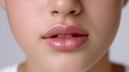 Beauty lips closeup, pouty lips showcasing glossy pink lipstick and soft skin texture, studio