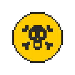 Skull and bones pixel sign, virus skull icon, 8 bit hacker cyber computer.