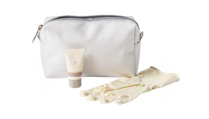 Compact flare management kit in a small pouch featuring moisturizer and gloves isolated on white background ideal for quick access in school locker or office drawer.