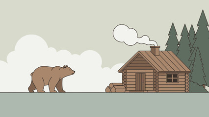 Wilderness Encounter Brown Bear Approaching Log Cabin Vector Art Illustration