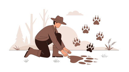 Wildlife Tracker Examining Animal Footprints In Wilderness Scene Illustration