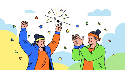 Winning Card Game Illustration With Cheerful People Celebrating An Ace Success