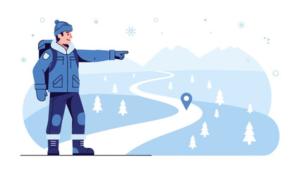 Winter Adventure: A Hiker Navigating Through a Snowy Landscape with a Backpack