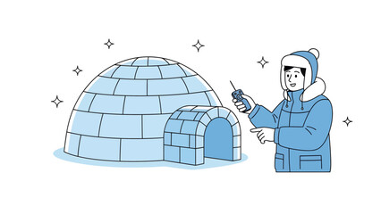 Winter Construction Man In Snowy Weather Next To Igloo House Using Walkie Talkie