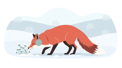 Winter Fox Enjoying The Snow Wearing Earmuffs On A Cold Snowy Day