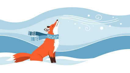 Winter Fox Enjoying The Fresh Air With Scarf In A Minimalist Snow Landscape