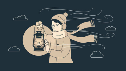 Winter Night Wanderer Holding Lantern in Blustery Weather Illustration