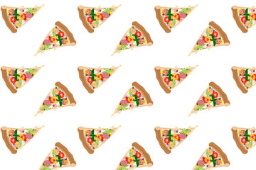 Seamless pattern with appetizing pizza slices featuring various toppings on a white background. Colorful fast food illustration for cafe decor, packaging, and fabric.