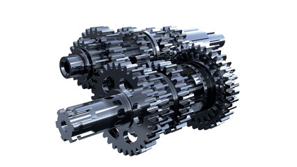 Mechanical gear system, steel transmission gears assembly on white background, 3 D rendering