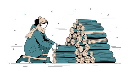 Winter Preparation: Woman Stacking Firewood For The Cold Season Illustration