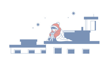 Winter Rooftop Serenity A Child's Peaceful Moment With Plush Toy Under Stars