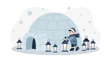 Winter Scene With Igloo And Child Holding Lanterns On A Snowy Landscape