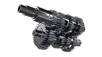 Mechanical gear system, steel transmission gears assembly on white background, 3 D rendering