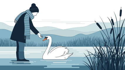 Winter Scene With Swan Kindness Act Person and Wild Nature Serenity Illustration