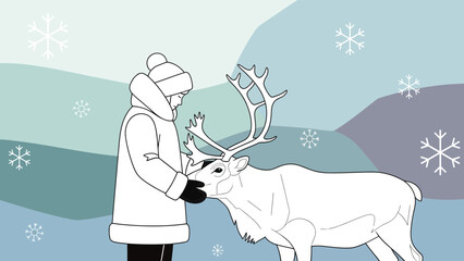 Winter Scenery Showing a Person Interacting With Reindeer In a Snowy Landscape