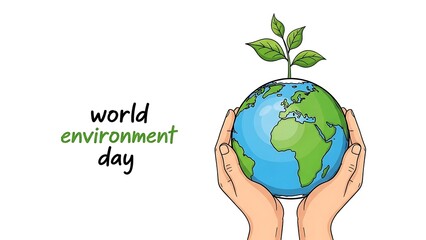 World environment day concept hands holding a small plant growing out of the earth globe, illustration for ecology and nature protection