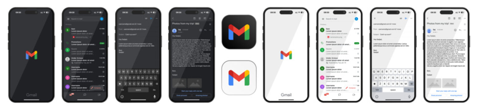 Gmail app UI template 2026 update featuring dark and light mode screens with app icons, modern email interface mockup for mobile presentations and UI design projects.