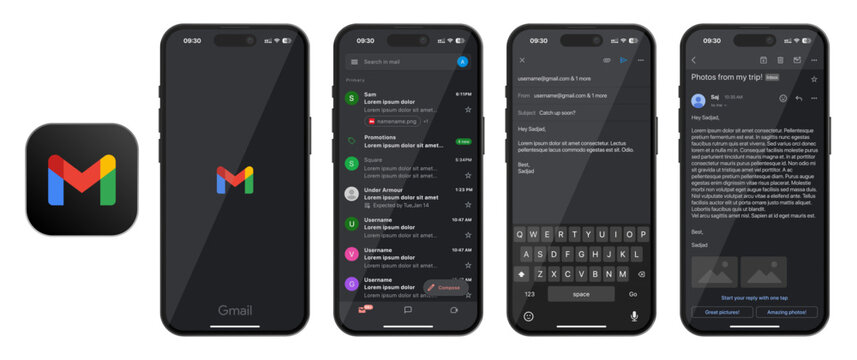 Gmail app UI template 2026 update featuring dark mode screens with app icons, modern email interface mockup for mobile presentations and UI design projects.