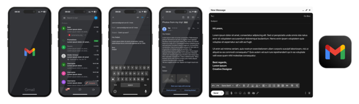 Gmail app UI template 2026 update featuring dark mode screens with app icons, modern email interface mockup for mobile presentations and UI design projects.
