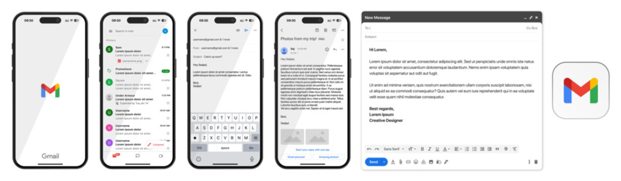 Gmail app UI template 2026 update featuring light mode screens with app icons, modern email interface mockup for mobile presentations and UI design projects.