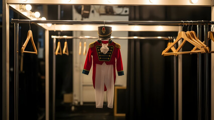 Stage Costume's Grand Debut: A vibrant, vintage stage costume with elegant details, elegantly hung, promising a night of theatrical wonder.