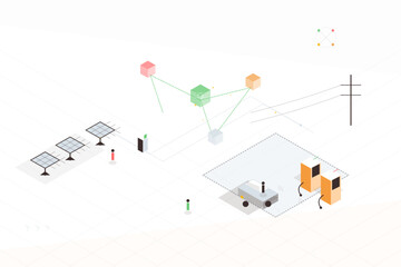 Naklejka premium Solar panels and energy systems in a clean technology setup showing connections and interactions in a modern environment