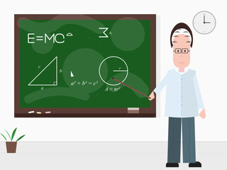 Teacher explains math and science concepts in classroom with chalkboard and educational tools