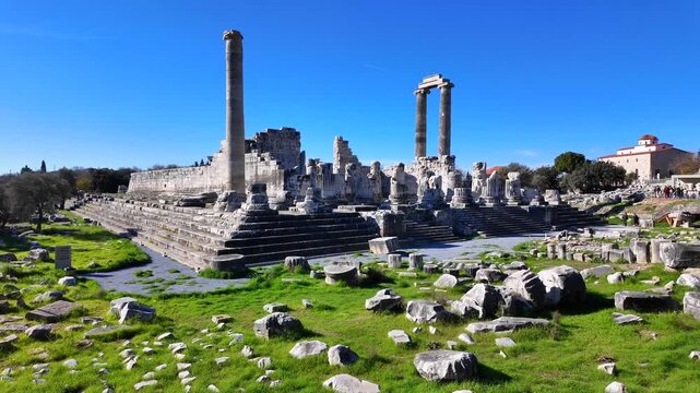 Aerial view of the ancient Temple of Apollo in Didyma, Turkey, showing monumental columns, ruins.