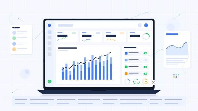 Data analysis dashboard shows charts and graphs for business insights during work hours