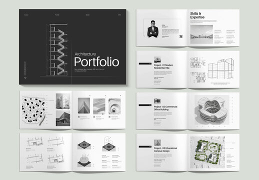 Architecture Portfolio Template with Minimalist Black Landscape Layout Design