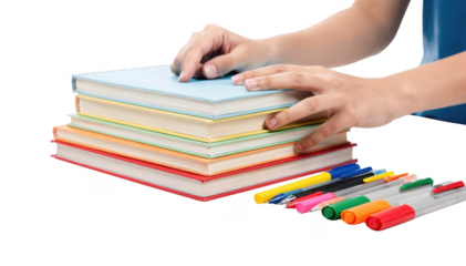 Hands of a student arranging colorful notebooks and textbooks neatly on a clean white desk highlighting organized study materials in a bright high school setting.