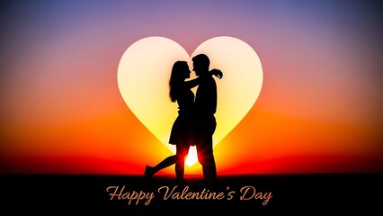 Romantic couple silhouette embracing with sunset and large heart shape whit background