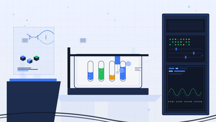 Modern lab setup showing experiments with test tubes, analysis data, and scientific equipment in a research environment
