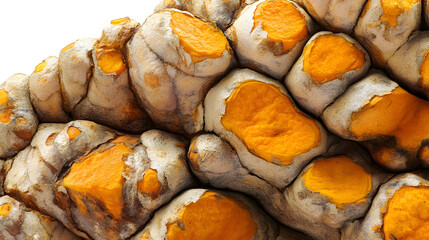 Fresh turmeric roots close-up showing vibrant orange interior and natural texture