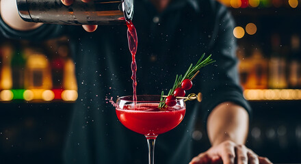 Crimson Cocktail Creation: The meticulous hand of a skilled mixologist pouring a vibrant crimson concoction into an elegant cocktail glass, garnished with fresh herbs and berries.