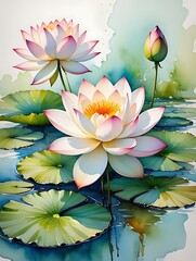 Beautiful watercolor painting of lotus flowers in pond