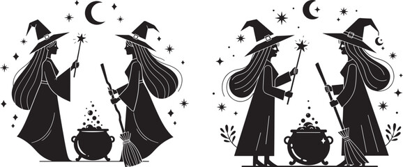 Silhouette of two witches with magic wands and brooms standing by a smoking cauldron under a crescent moon, Halloween magic and occult concept. © FrajanaAI