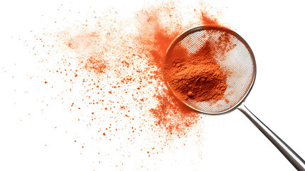 sifting red powder through metal sieve