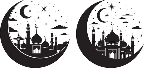 Black silhouette of a mosque inside a large crescent moon with stars and clouds, Islamic greeting card design for Ramadan Kareem and Eid Mubarak. © FrajanaAI