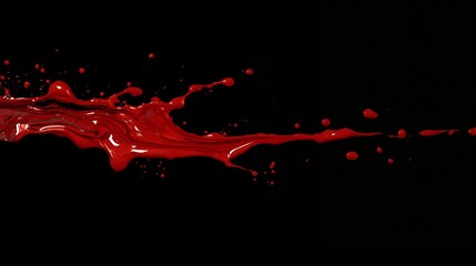 Thick red liquid paint dripping downward with natural splashes on black background, high detail macro realism.