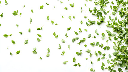 scattered green leaves on white background