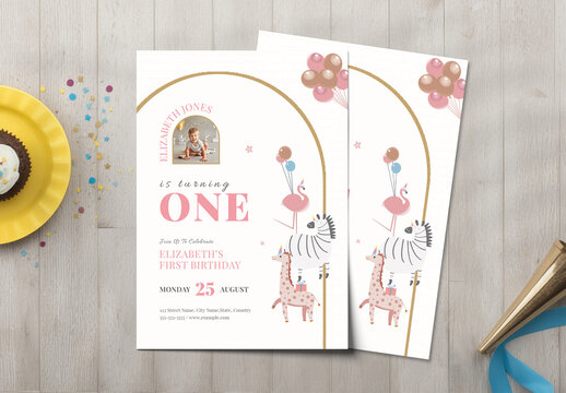 Cute Kids First Birthday Party Invitation Card with Animal Vector Illustration