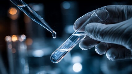 Close-up of a scientist in a laboratory performing a chemistry experiment with a pipette and test tube, showcasing a drop of liquid falling into the tube
