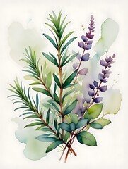 Delicate watercolor illustration of herbs and lavender
