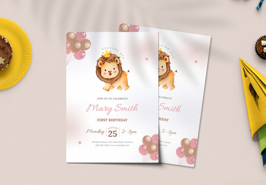 Cute Baby Lion Birthday Invitation Template for First Birthday Celebration